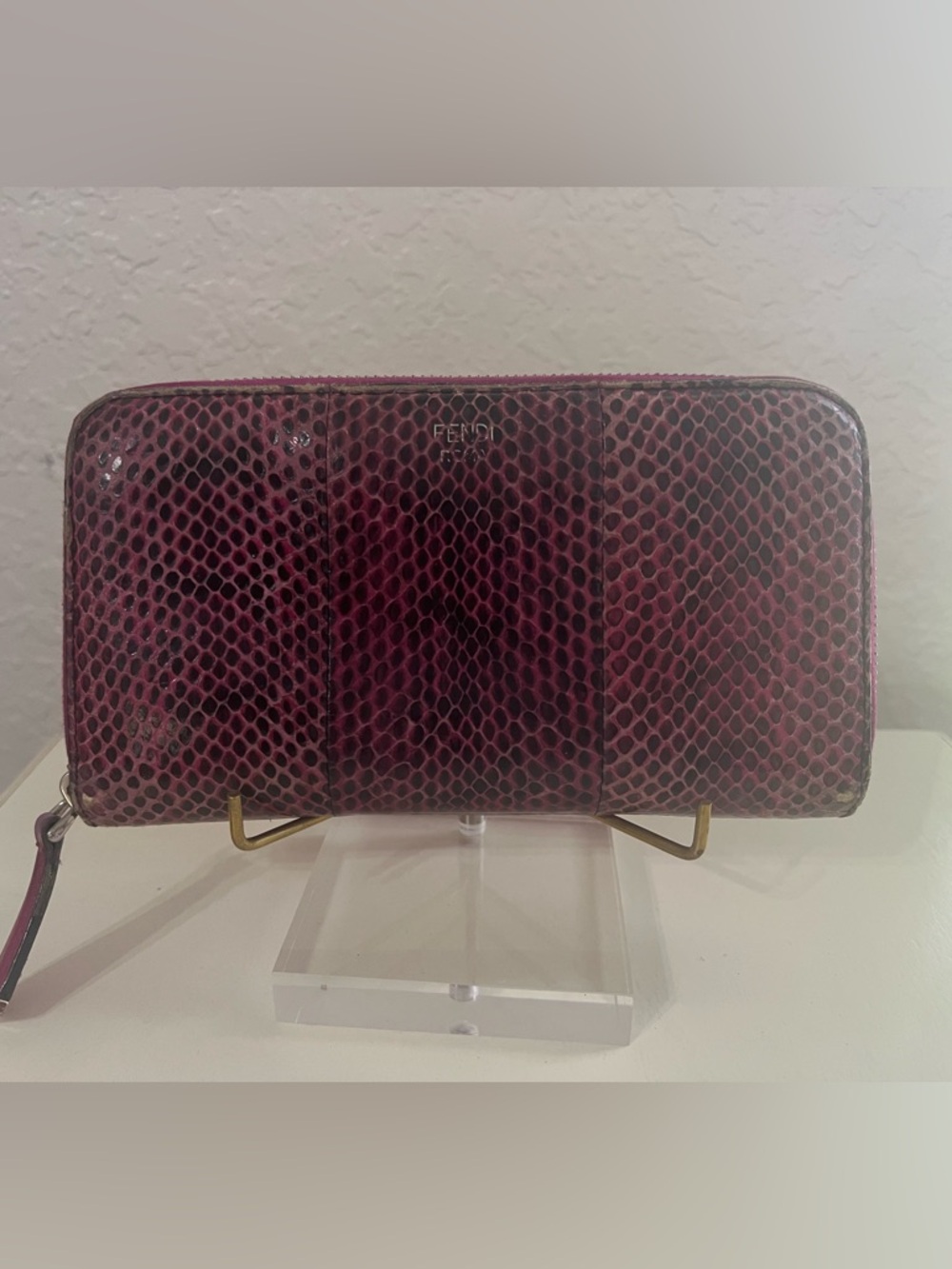 Fendi Plum Snakeskin Zip-Around Wallet with Gold Logo